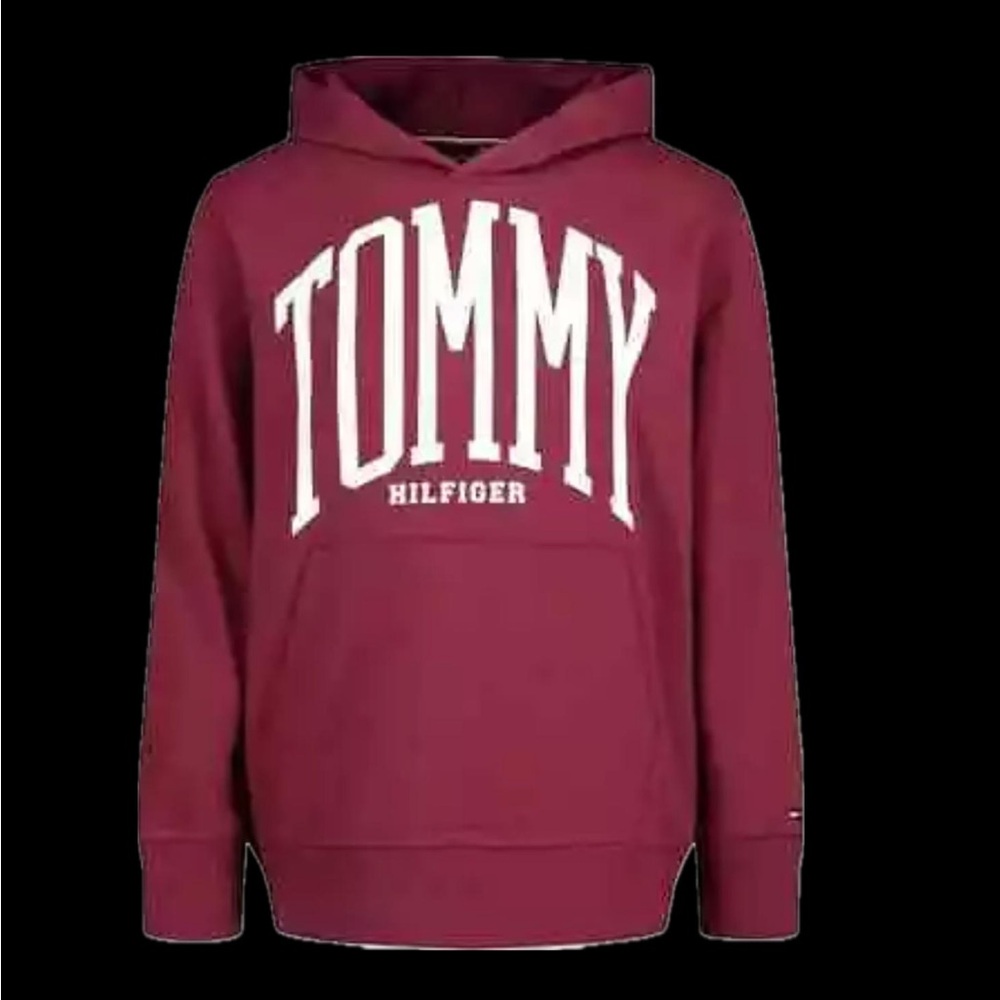 *NWT Tommy Hilfiger BURGUNDY Big Boys Recycled Pullover Hoodie US Small (8/10)